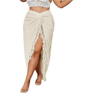 Women's Apricot Plus Size Twist Front High Slit Fringe Skirt Beach Maxi Skirt